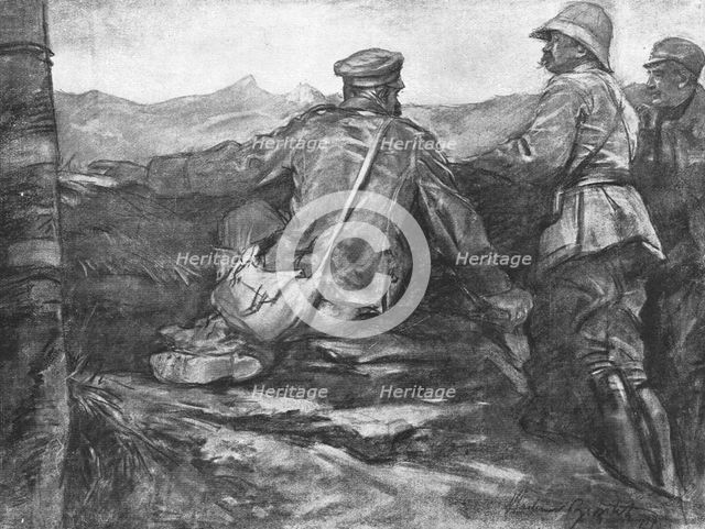 ''Le Terrain de l'offensive; Prisonnier bulgare montrant a deux officiers, un Francais..., 1918. Creator: Unknown.
