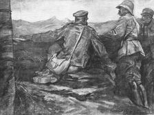 'Le Terrain de l'offensive; Prisonnier bulgare montrant a deux officiers, un Francais..., 1918. Creator: Unknown