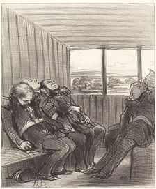 Le voyage en chemin de fer est moins amusant que ne l'espérait Rifolard, 1848. Creator: Honore Daumier