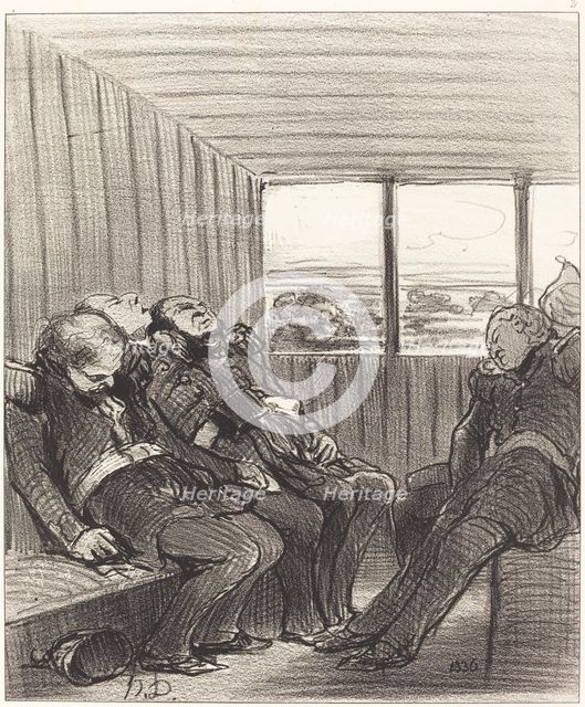 Le voyage en chemin de fer est moins amusant que ne l'espérait Rifolard, 1848.  Creator: Honore Daumier.