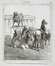 Le veau d'or se trouvant complêtement dégommé par le cheval de course, 1864. Creator: Cham