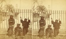 Let brotherly love prevail. [Young chimney sweeps leaning on a fence], (1868-1900?). Creator: Unknown