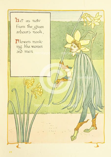 Let us note from the green arbour's nook, Flowers masking like women and men, 1899.  Creator: Walter Crane.