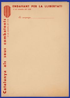 Letter model printed for fighters in campaign. Generalitat de Catalunya, September 1938