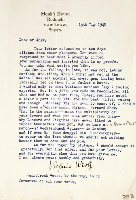 Letter of admiration and love from Virginia Woolf to George Bernard Shaw, 1940. Creator: Virginia Woolf.