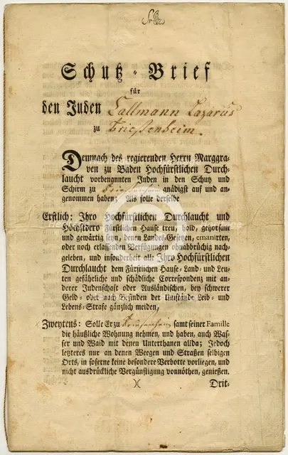 Letter of Protection for Callmann Lazarus from Friesenheim in Baden, 1777.