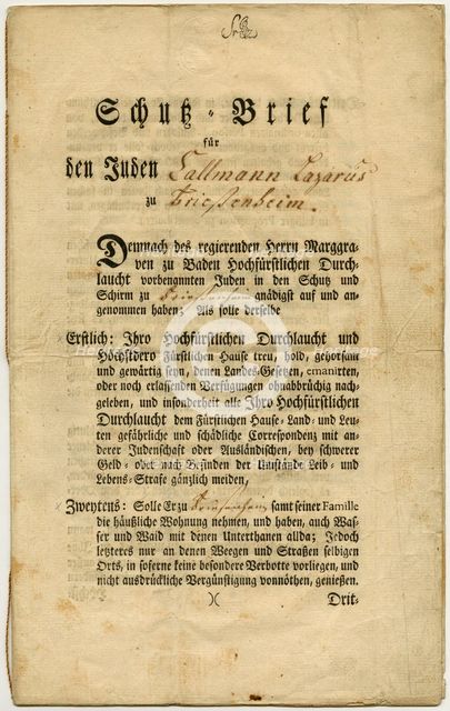Letter of Protection for Callmann Lazarus from Friesenheim in Baden, 1777.
