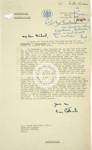 Letter on disappearance of MI6 agent Kim Philby on 23 January 1963. Creator: RM Hadow.