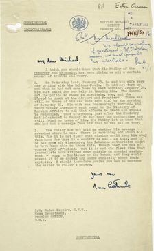 Letter on disappearance of MI6 agent Kim Philby on 23 January 1963. Creator: RM Hadow