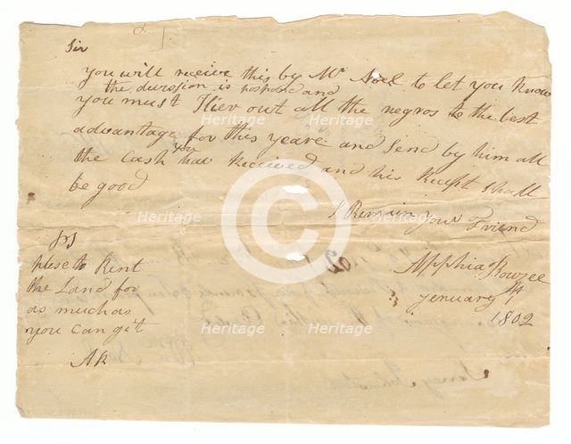 Letter and payment receipt for hire of enslaved persons owned by Apphia Rouzee, January 1, 1802. Creator: Unknown.