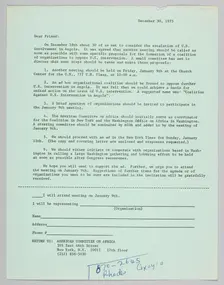 Letter announcing meeting to oppose US intervention in Angola, December 30, 1975. Creator: Unknown