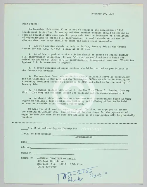 Letter announcing meeting to oppose US intervention in Angola, December 30, 1975. Creator: Unknown.