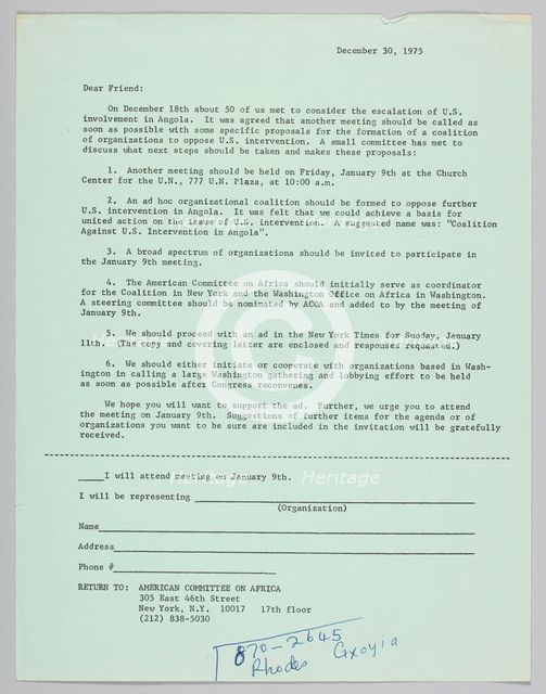 Letter announcing meeting to oppose US intervention in Angola, December 30, 1975. Creator: Unknown.