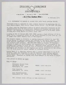 Letter by the Episcopal Churchmen for South Africa, February 25, 1976. Creator: Unknown