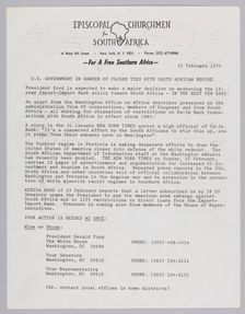 Letter by the Episcopal Churchmen for South Africa, February 25, 1976. Creator: Unknown
