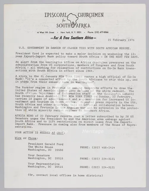 Letter by the Episcopal Churchmen for South Africa, February 25, 1976. Creator: Unknown.