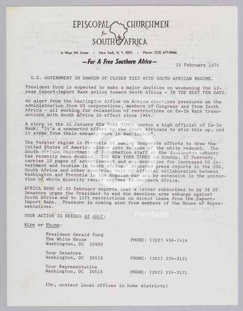 Letter by the Episcopal Churchmen for South Africa, February 25, 1976. Creator: Unknown.