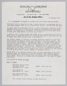 Letter by the Episcopal Churchmen for South Africa, February 25, 1976. Creator: Unknown