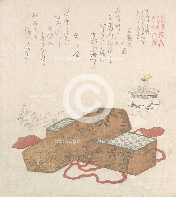 Letter-Box with Letter and Potted Flower, 19th century. Creator: Kubo Shunman.