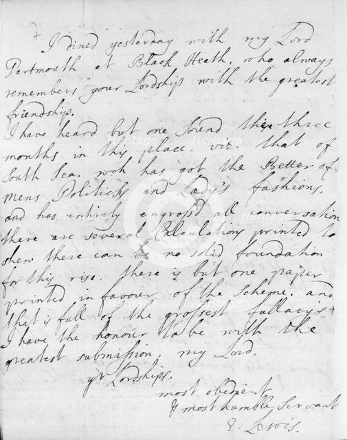 Letter commenting on South Sea mania, 1720. Creator: Erasmus Lewis.