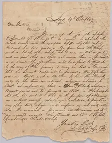 Letter concerning procurement of whips, personal affects, and bolts of cloth, October 19, 1829. Creator: Unknown
