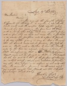 Letter concerning procurement of whips, personal affects, and bolts of cloth, October 19, 1829. Creator: Unknown