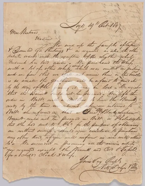 Letter concerning procurement of whips, personal affects, and bolts of cloth, October 19, 1829. Creator: Unknown.