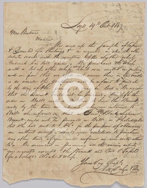 Letter concerning procurement of whips, personal affects, and bolts of cloth, October 19, 1829. Creator: Unknown.