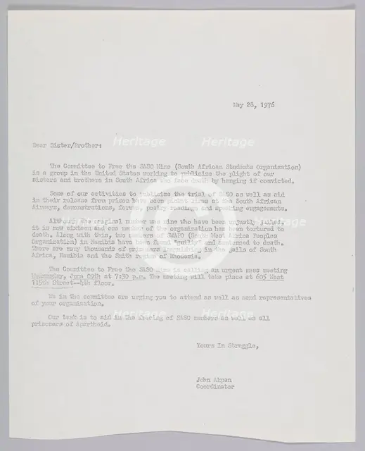Letter discussing the activities of the Commitee to Free the SASO 9, May 28, 1976. Creator: John Akpan.