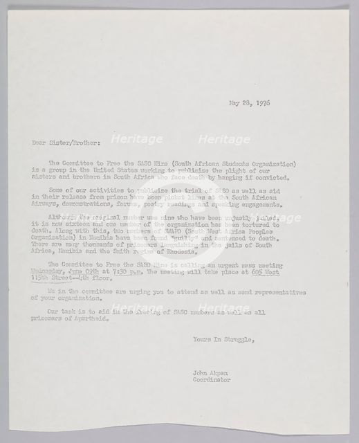 Letter discussing the activities of the Commitee to Free the SASO 9, May 28, 1976. Creator: John Akpan.