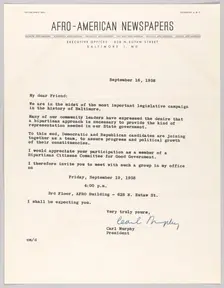 Letter from Carl Murphy and Afro-American Newspapers, September 16, 1958. Creator: Unknown