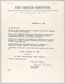 Letter from Carl Murphy and Afro-American Newspapers, September 16, 1958. Creator: Unknown