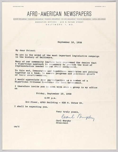 Letter from Carl Murphy and Afro-American Newspapers, September 16, 1958. Creator: Unknown.