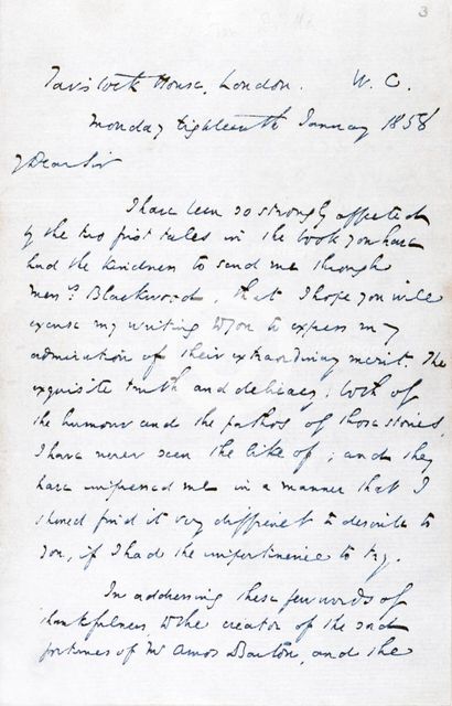 Letter from Charles Dickens to 'George Eliot' (Mary Ann Evans), 1858. Creator: Charles Dickens.