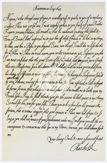Letter from Charles I to his nephew, Prince Maurice, 20th September 1645. Artist: King Charles I