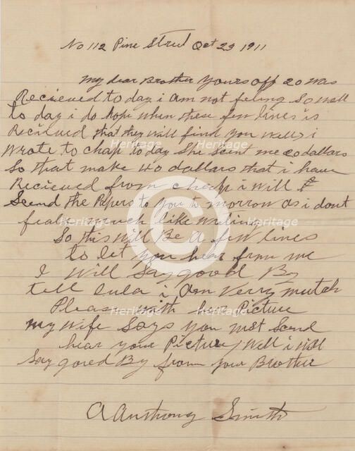 Letter from A. Anthony Smith, an African-American man, to his brother, 1911.  Creator: Unknown.