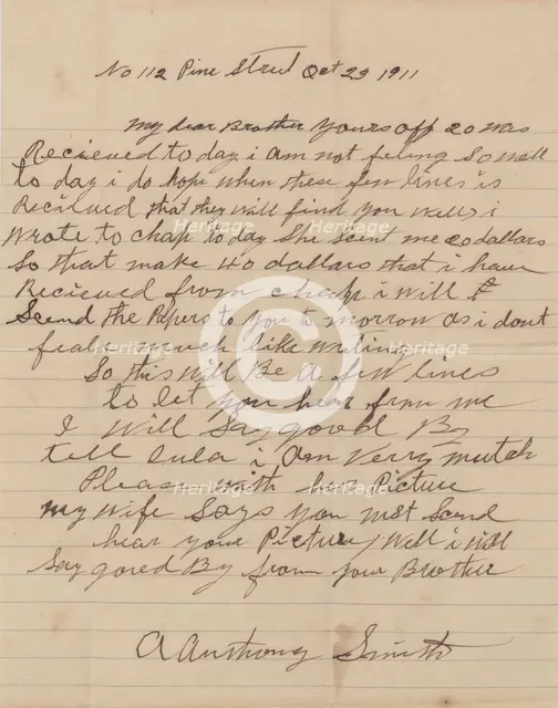 Letter from A. Anthony Smith, an African-American man, to his brother, 1911.  Creator: Unknown.
