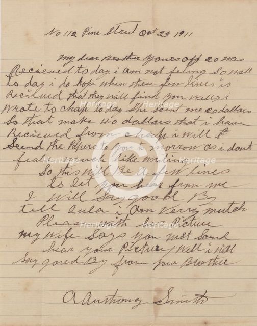 Letter from A. Anthony Smith, an African-American man, to his brother, 1911.  Creator: Unknown.