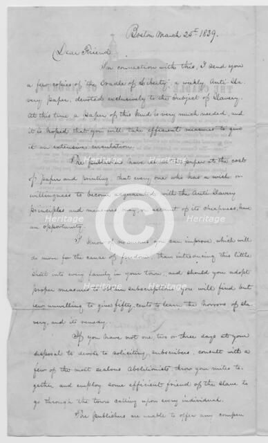 Letter from abolitionist soliciting for Cradle of Liberty distributors, 1839. Creator: Unknown.