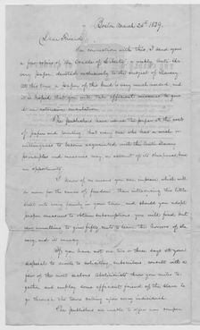 Letter from abolitionist soliciting for Cradle of Liberty distributors, 1839. Creator: Unknown