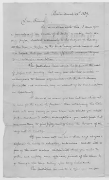 Letter from abolitionist soliciting for Cradle of Liberty distributors, 1839. Creator: Unknown