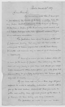 Letter from abolitionist soliciting for Cradle of Liberty distributors, 1839. Creator: Unknown