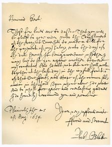 Letter from Admiral Robert Blake to the Commissioners of the Admiralty, 25th August 1654.Artist: Robert Blake
