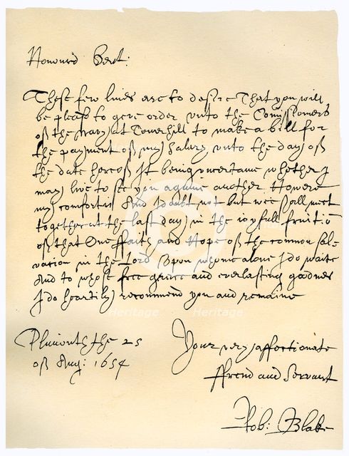 Letter from Admiral Robert Blake to the Commissioners of the Admiralty, 25th August 1654.Artist: Robert Blake