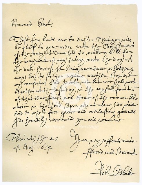 Letter from Admiral Robert Blake to the Commissioners of the Admiralty, 25th August 1654.Artist: Robert Blake