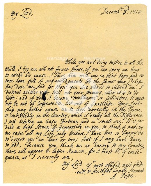 Letter from Alexander Pope to Charles Montagu, 3rd December 1714.Artist: Alexander Pope