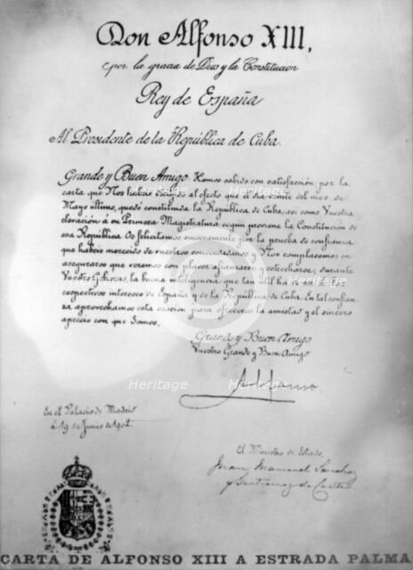Letter from Alfonso XIII to Tomás Estrada Palma, c1910. Artist: King Alfonso XIII
