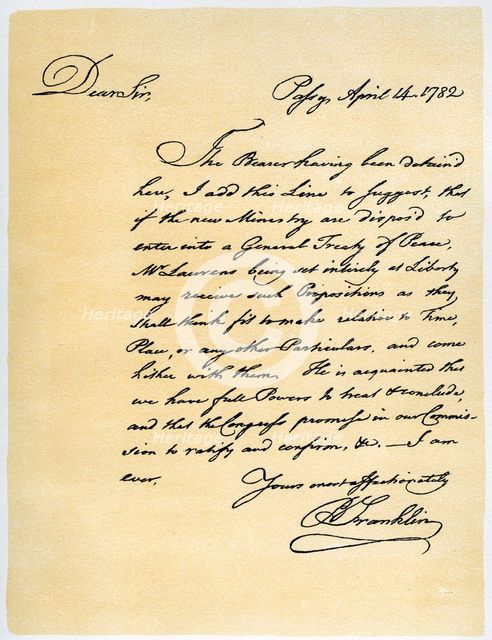 Letter from Benjamin Franklin to David Hartley MP, 14th April 1782.Artist: Benjamin Franklin