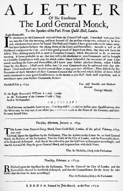 Letter from General Monck to the Speaker of the House of Commons, 1659 (1903). Artist: Unknown.