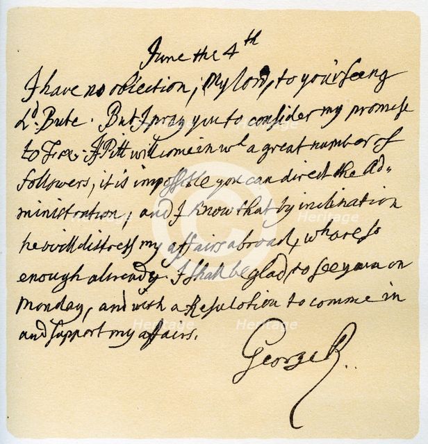 Letter from George II to Thomas Pellam-Holles, 4th June 1757.Artist: King George II
